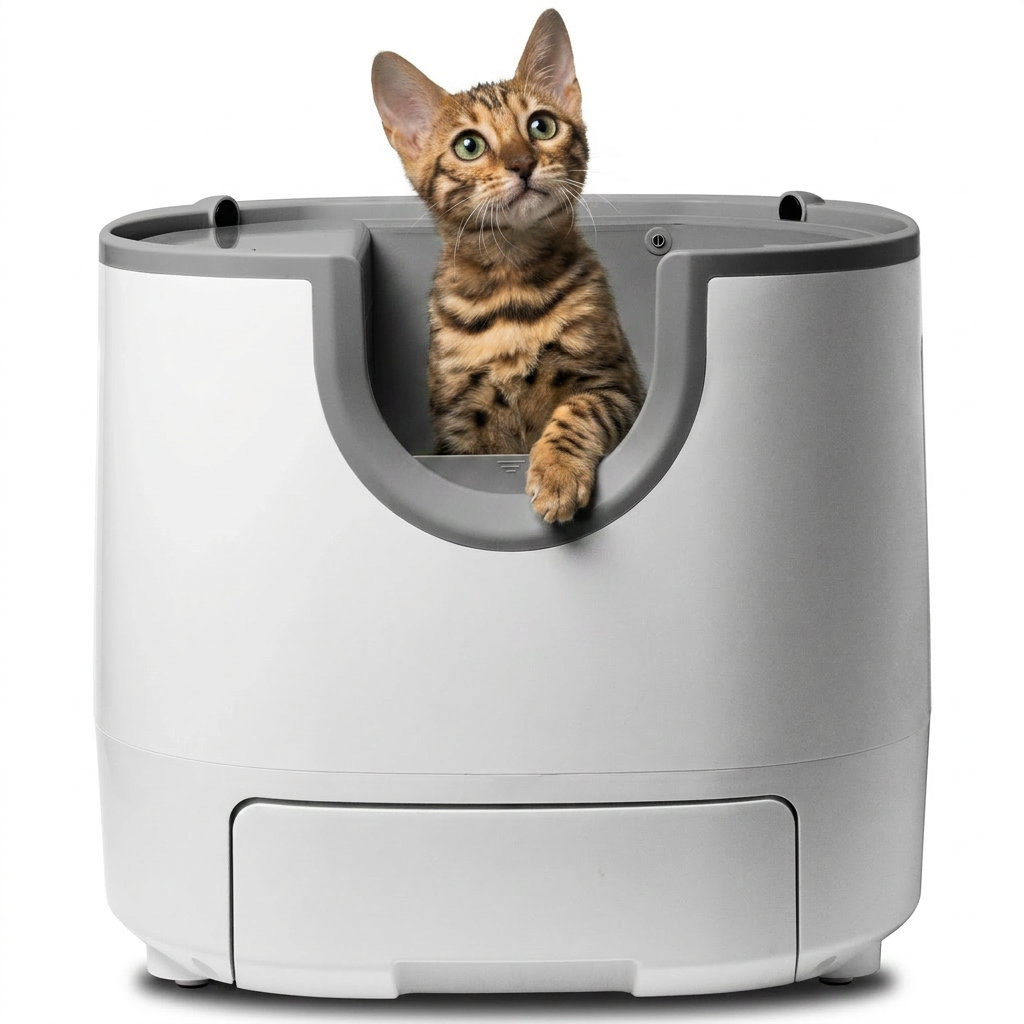Chaton curieux passant la tête par le dessus ouvert de la litière autonettoyante Pawtique