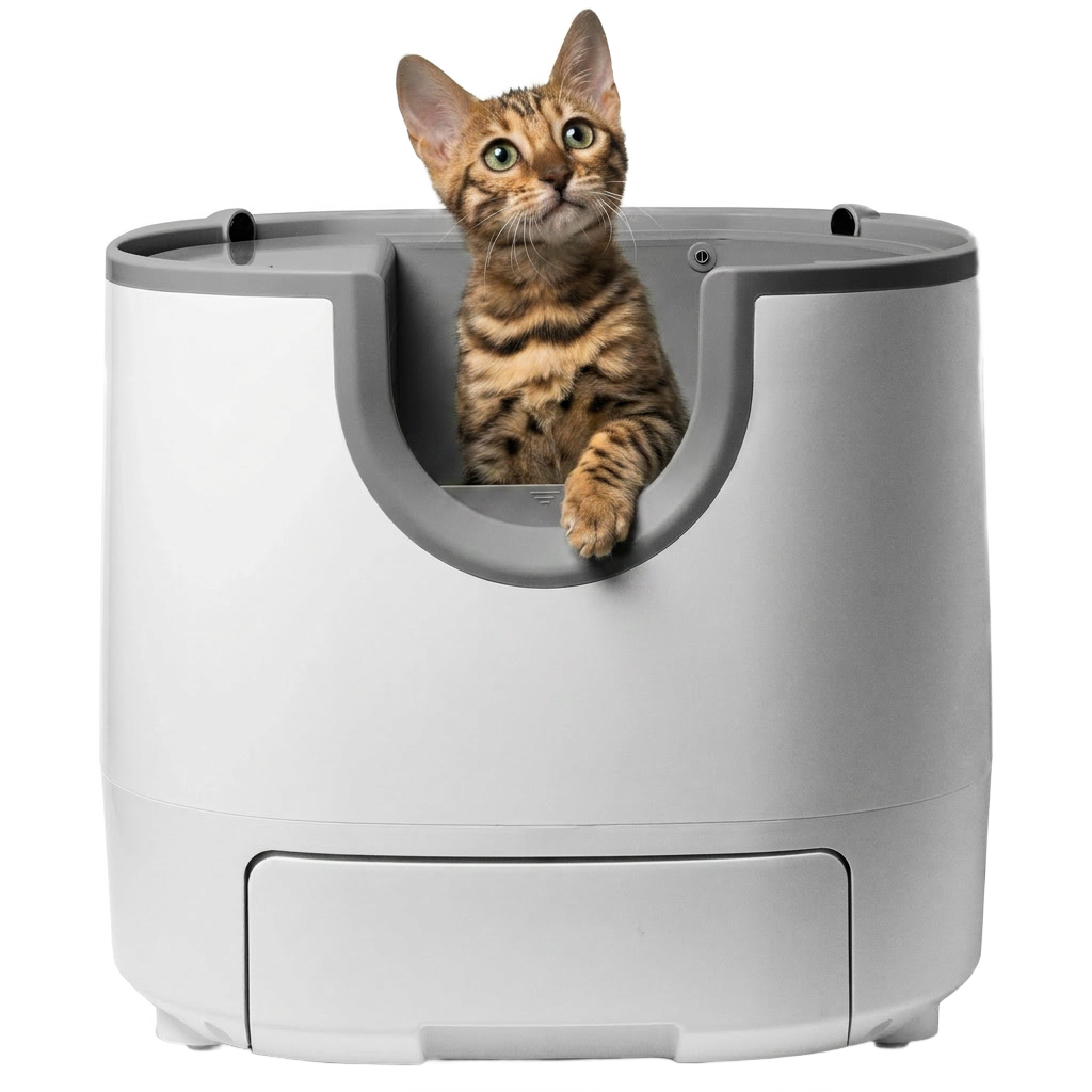 Litière autonettoyante Pawtique avec chat, fond transparent